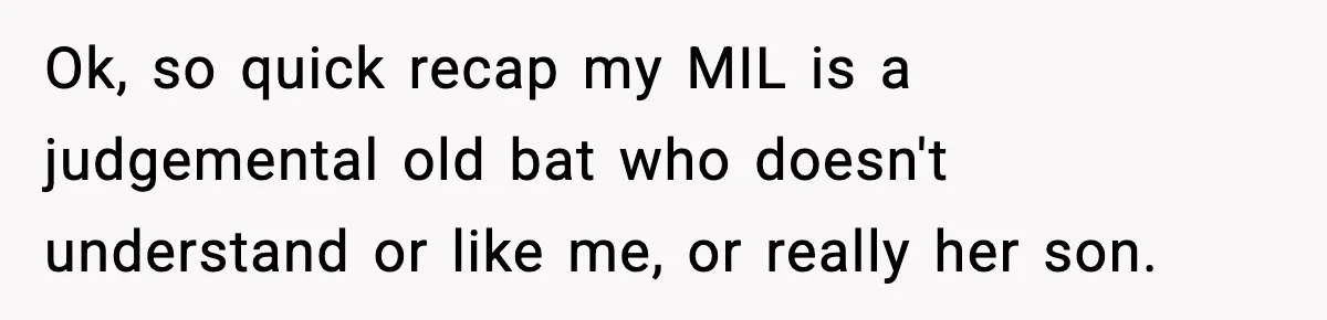 MIL Called Their Marriage “Not Real”, So She Quietly Walked Out Ok, so quick recap my MIL is a judgemental old bat who doesn't understand or like me, or really her son.