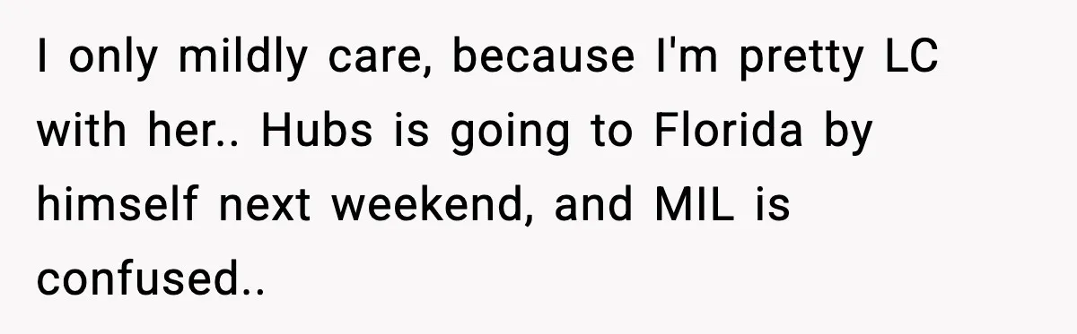 MIL Called Their Marriage “Not Real”, So She Quietly Walked Out I only mildly care, because I'm pretty LC with her.. Hubs is going to Florida by himself next weekend, and MIL is confused..