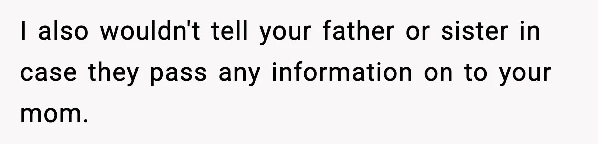 I also wouldn't tell your father or sister in case they pass any information on to your mom.