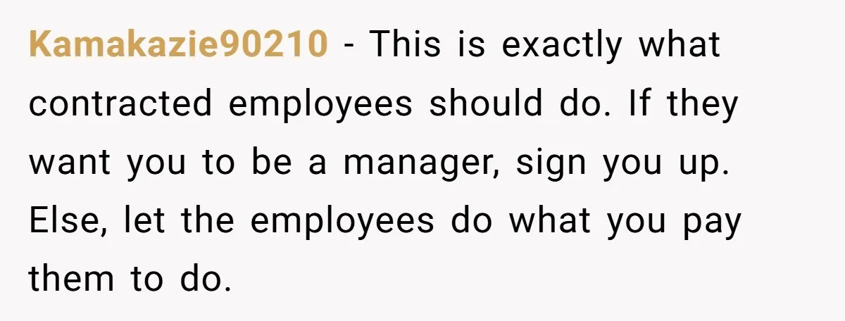 Kamakazie90210 − This is exactly what contracted employees should do. If they want you to be a manager, sign you up. Else, let the employees do what you pay them...