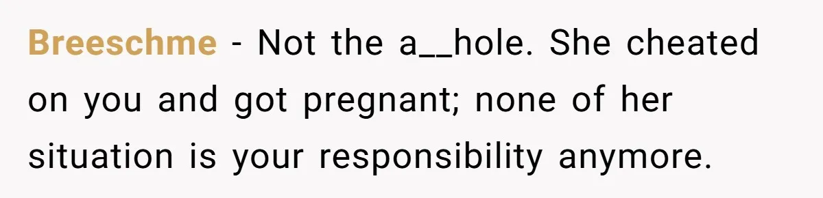 Breeschme − Not the a__hole. She cheated on you and got pregnant; none of her situation is your responsibility anymore.