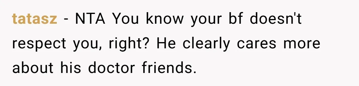 Doctor’s Inner Circle Mocks His Girlfriend’s Outfit And Degree, Then Claims “Medical Stuff” To Get Her To Leave tatasz − NTA You know your bf doesn't respect you, right? He clearly cares more about his doctor friends.