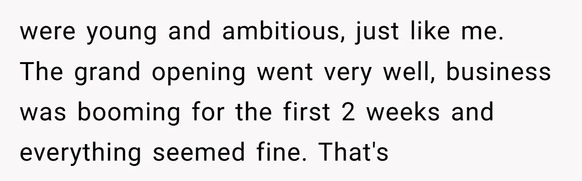 were young and ambitious, just like me. The grand opening went very well, business was booming for the first 2 weeks and everything seemed fine. That's