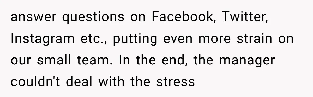 answer questions on Facebook, Twitter, Instagram etc., putting even more strain on our small team. In the end, the manager couldn't deal with the stress