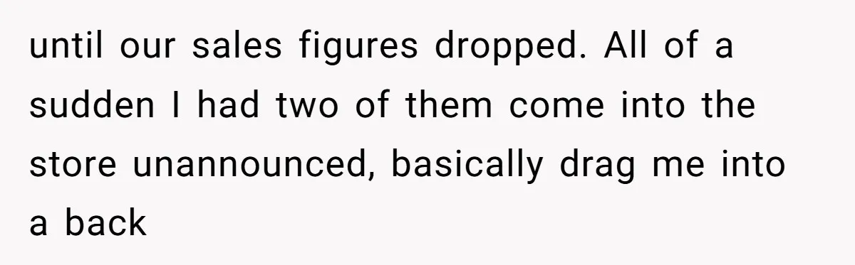 until our sales figures dropped. All of a sudden I had two of them come into the store unannounced, basically drag me into a back