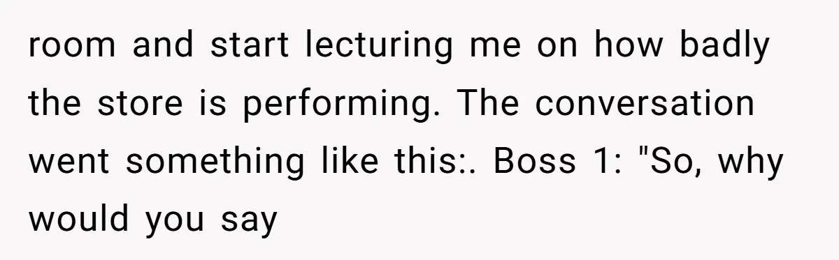 room and start lecturing me on how badly the store is performing. The conversation went something like this:. Boss 1: "So, why would you say