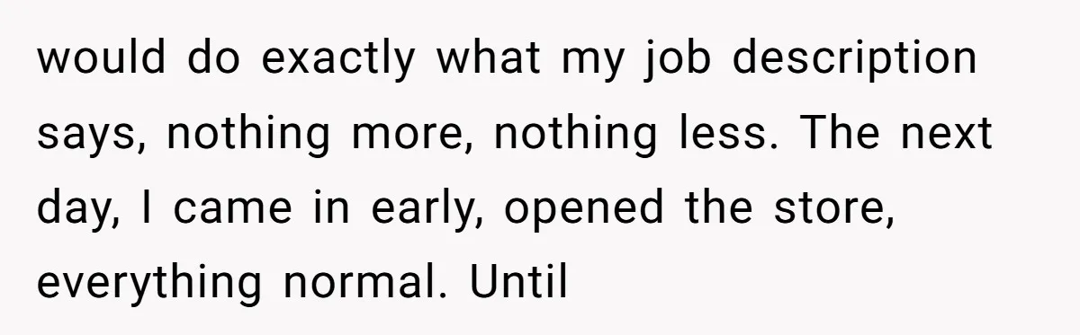 would do exactly what my job description says, nothing more, nothing less. The next day, I came in early, opened the store, everything normal. Until