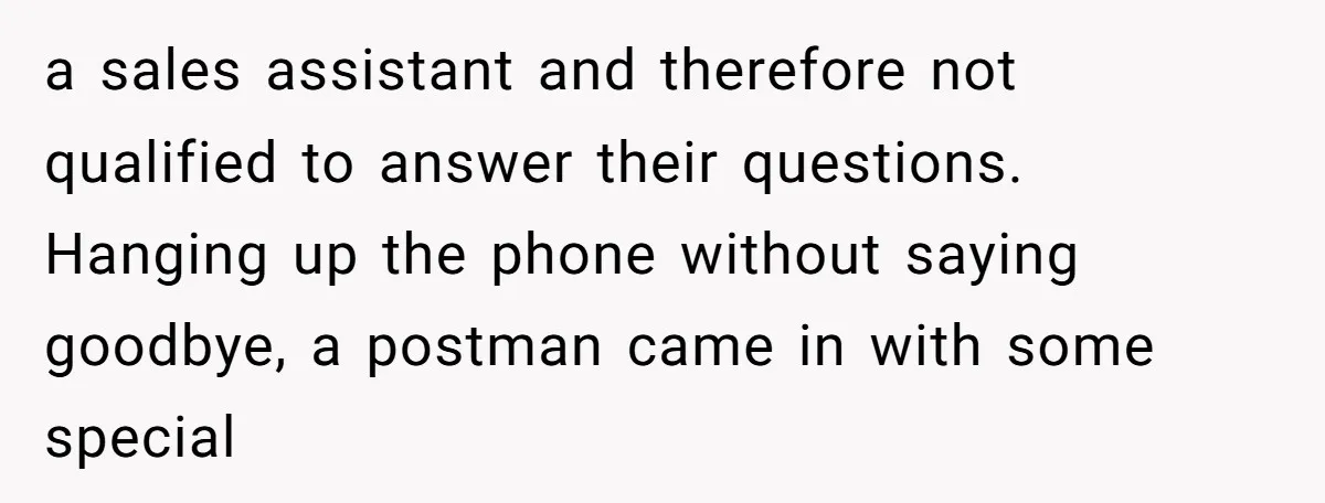 a sales assistant and therefore not qualified to answer their questions. Hanging up the phone without saying goodbye, a postman came in with some special