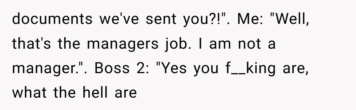 documents we've sent you?!". Me: "Well, that's the managers job. I am not a manager.". Boss 2: "Yes you f__king are, what the hell are