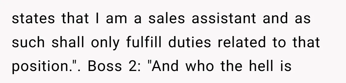 states that I am a sales assistant and as such shall only fulfill duties related to that position.". Boss 2: "And who the hell is
