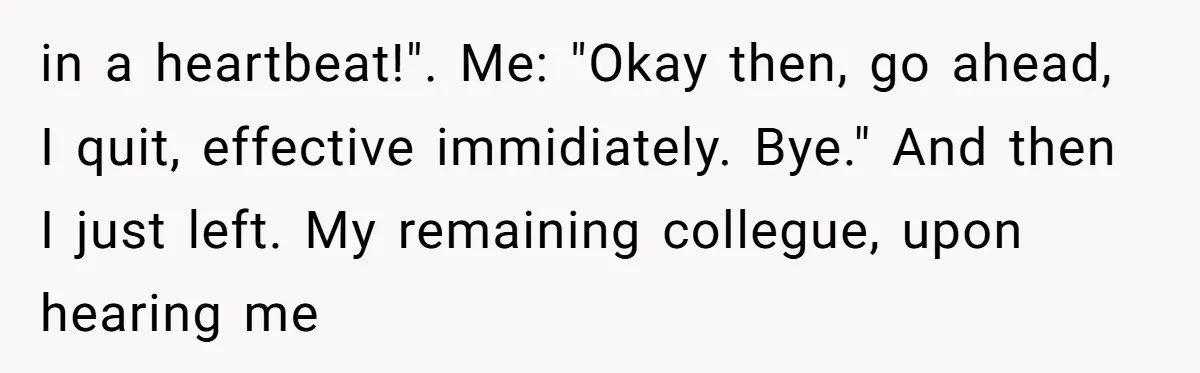 in a heartbeat!". Me: "Okay then, go ahead, I quit, effective immidiately. Bye." And then I just left. My remaining collegue, upon hearing me