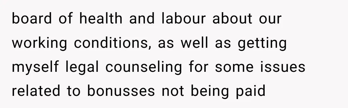 board of health and labour about our working conditions, as well as getting myself legal counseling for some issues related to bonusses not being paid