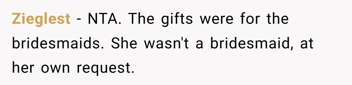 Zieglest − NTA. The gifts were for the bridesmaids. She wasn't a bridesmaid, at her own request.