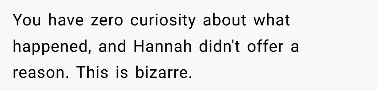 You have zero curiosity about what happened, and Hannah didn't offer a reason. This is bizarre.