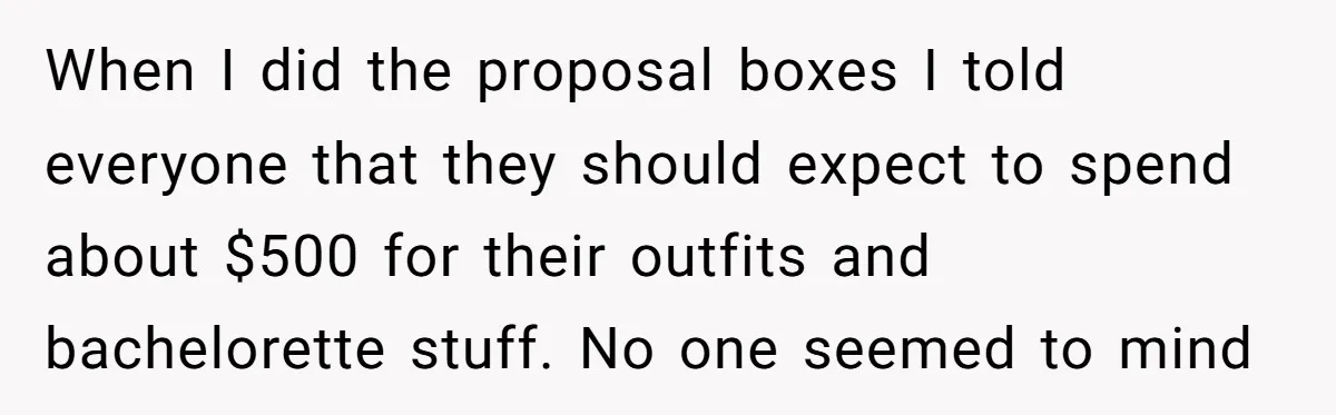 When I did the proposal boxes I told everyone that they should expect to spend about $500 for their outfits and bachelorette stuff. No one seemed to mind