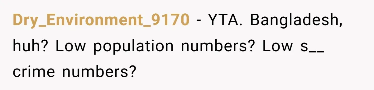 The Weight of Tradition: Can a Relationship Survive This Cultural Conflict Over Business? Dry_Environment_9170 − YTA. Bangladesh, huh? Low population numbers? Low s__ crime numbers?