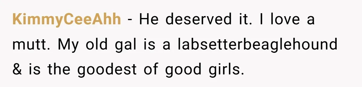 KimmyCeeAhh − He deserved it. I love a mutt. My old gal is a labsetterbeaglehound & is the goodest of good girls.