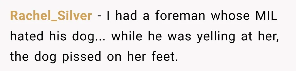 Rachel_Silver − I had a foreman whose MIL hated his dog... while he was yelling at her, the dog pissed on her feet.