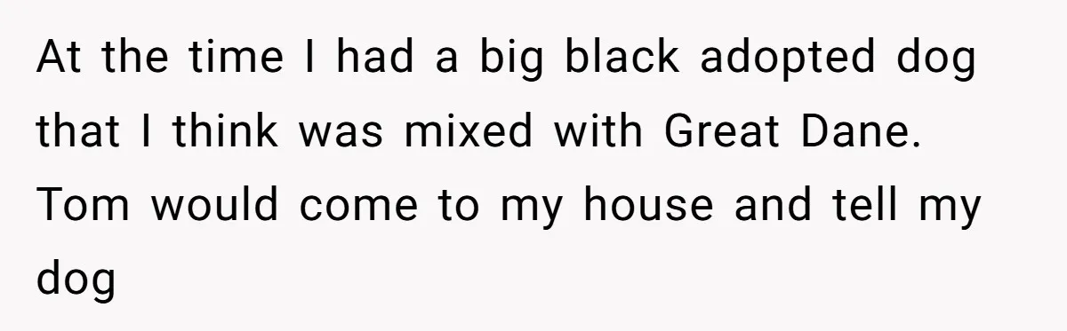 At the time I had a big black adopted dog that I think was mixed with Great Dane. Tom would come to my house and tell my dog