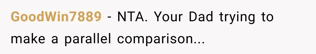 GoodWin7889 − NTA. Your Dad trying to make a parallel comparison...