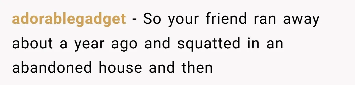 adorablegadget − So your friend ran away about a year ago and squatted in an abandoned house and then
