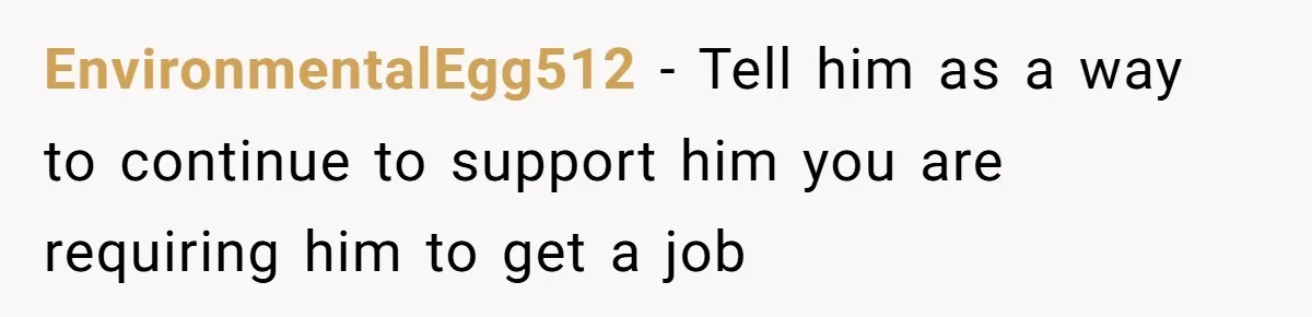 EnvironmentalEgg512 − Tell him as a way to continue to support him you are requiring him to get a job