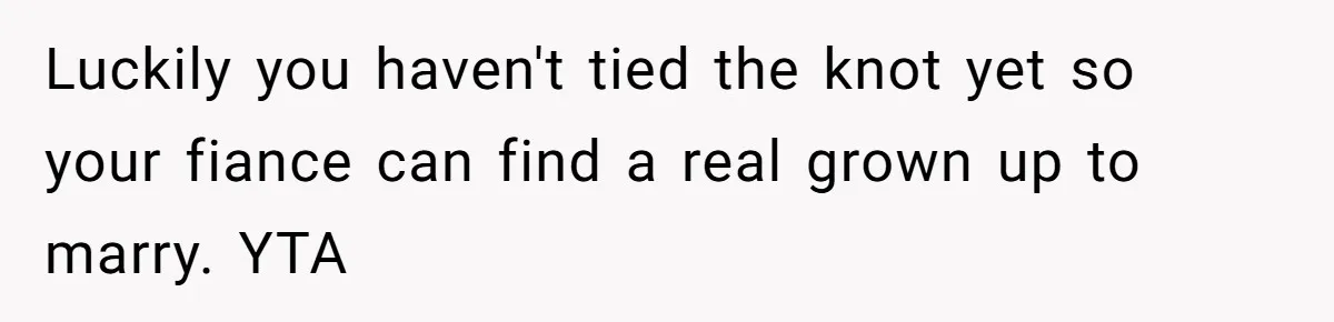 Luckily you haven't tied the knot yet so your fiance can find a real grown up to marry. YTA