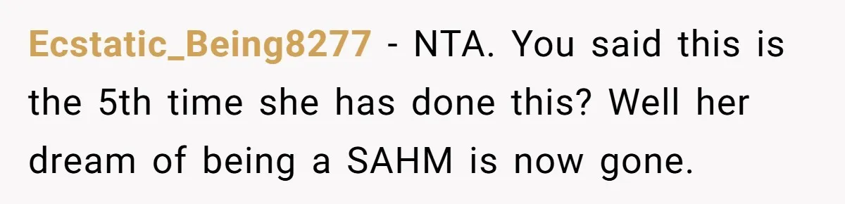 Ecstatic_Being8277 − NTA. You said this is the 5th time she has done this? Well her dream of being a SAHM is now gone.