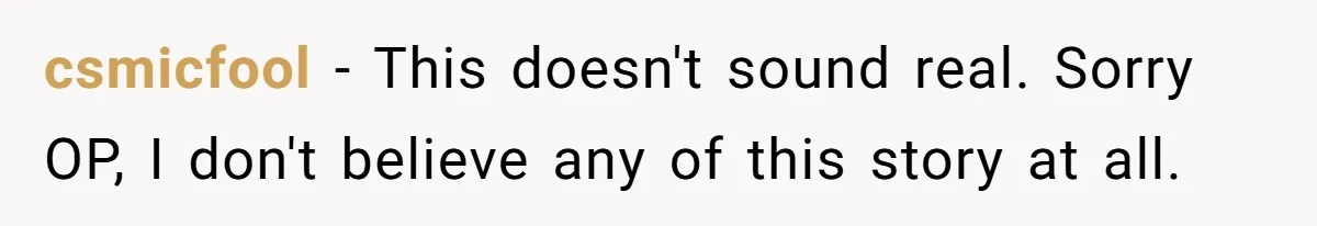 csmicfool − This doesn't sound real. Sorry OP, I don't believe any of this story at all.
