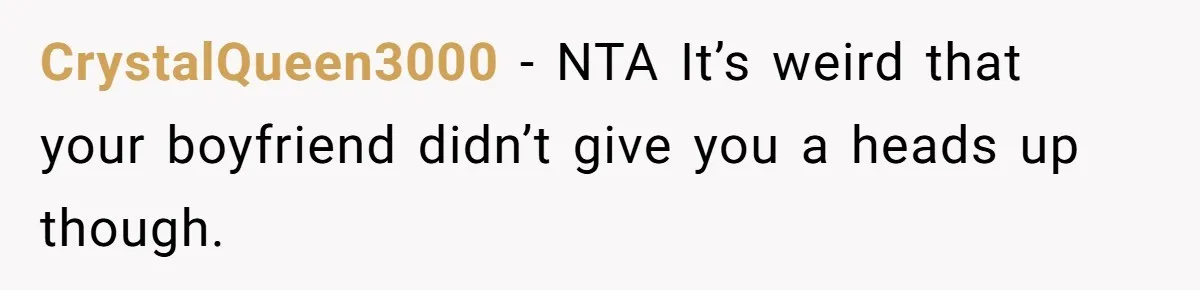 CrystalQueen3000 − NTA It’s weird that your boyfriend didn’t give you a heads up though.