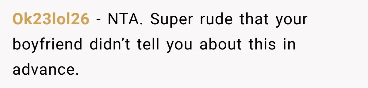 Ok23lol26 − NTA. Super rude that your boyfriend didn’t tell you about this in advance.