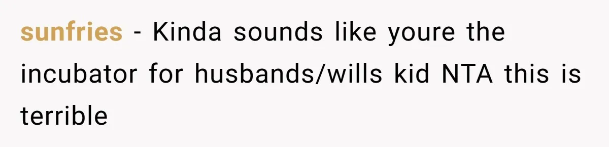 sunfries − Kinda sounds like youre the incubator for husbands/wills kid NTA this is terrible