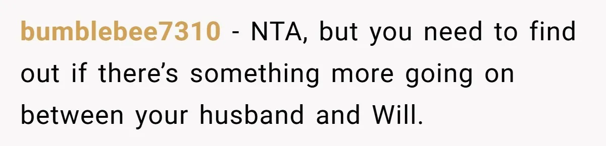 bumblebee7310 − NTA, but you need to find out if there’s something more going on between your husband and Will.