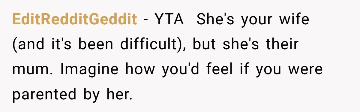 EditRedditGeddit − YTA ​ She's your wife (and it's been difficult), but she's their mum. Imagine how you'd feel if you were parented by her.