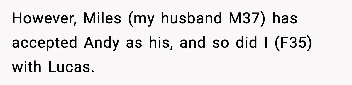 Husband Ruins Stepson’s Birthday Cake With Elf Prank, Then Blamed Wife For Throwing Elf Away However, Miles (my husband M37) has accepted Andy as his, and so did I (F35) with Lucas.