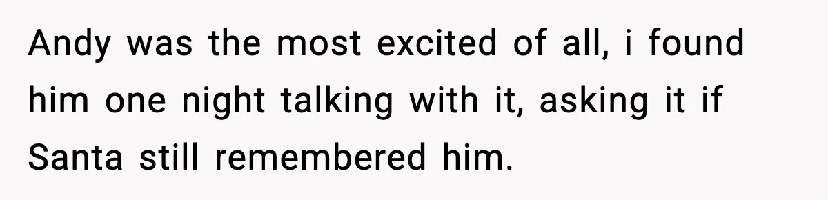 Husband Ruins Stepson’s Birthday Cake With Elf Prank, Then Blamed Wife For Throwing Elf Away Andy was the most excited of all, i found him one night talking with it, asking it if Santa still remembered him.