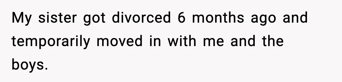 Sister Says “Kids Need A Mom” At Late Wife’s Son’s Birthday, Brother Kicks Her And Nephew Out Of House My sister got divorced 6 months ago and temporarily moved in with me and the boys.