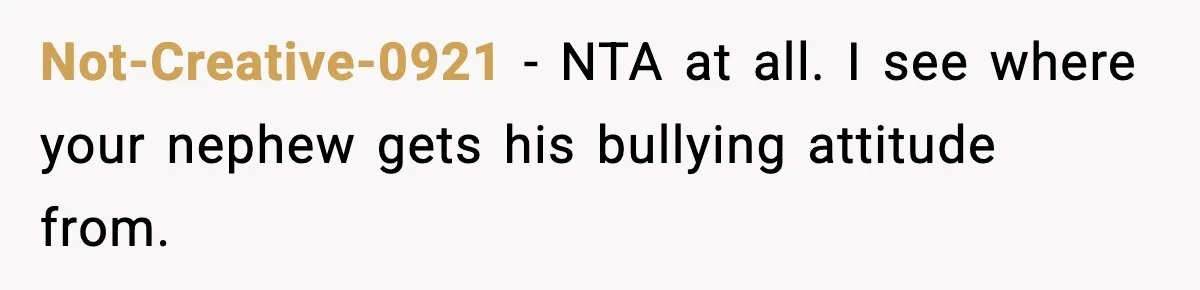 Sister Says “Kids Need A Mom” At Late Wife’s Son’s Birthday, Brother Kicks Her And Nephew Out Of House Not-Creative-0921 − NTA at all. I see where your nephew gets his bullying attitude from.