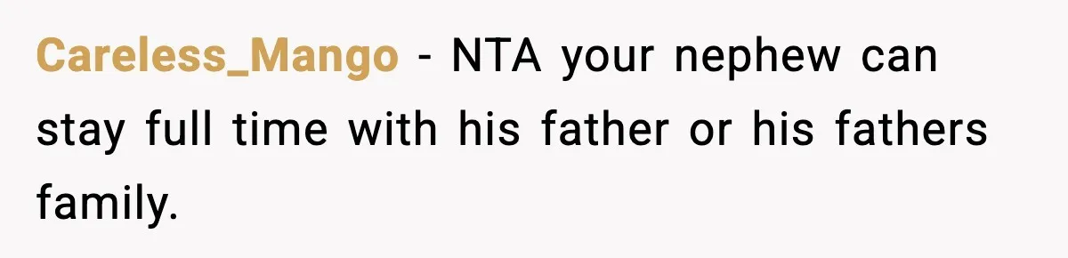 Sister Says “Kids Need A Mom” At Late Wife’s Son’s Birthday, Brother Kicks Her And Nephew Out Of House Careless_Mango − NTA your nephew can stay full time with his father or his fathers family.