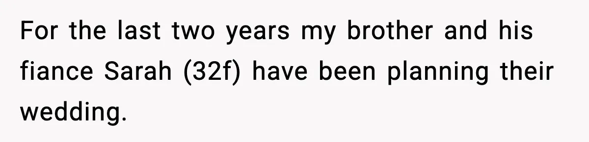 For the last two years my brother and his fiance Sarah (32f) have been planning their wedding.