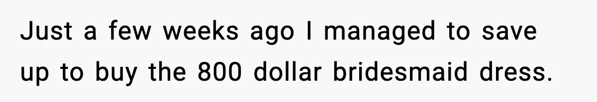 Just a few weeks ago I managed to save up to buy the 800 dollar bridesmaid dress.