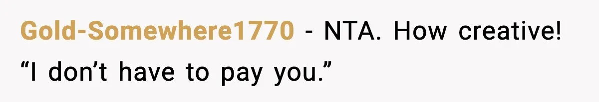 Gold-Somewhere1770 − NTA. How creative! “I don’t have to pay you.”