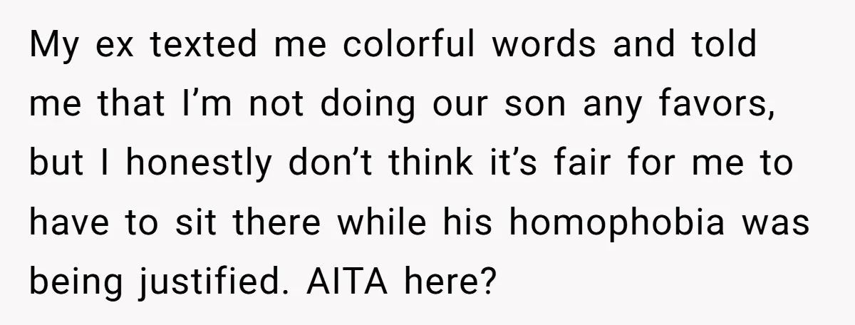 My ex texted me colorful words and told me that I’m not doing our son any favors, but I honestly don’t think it’s fair for me to have to sit...