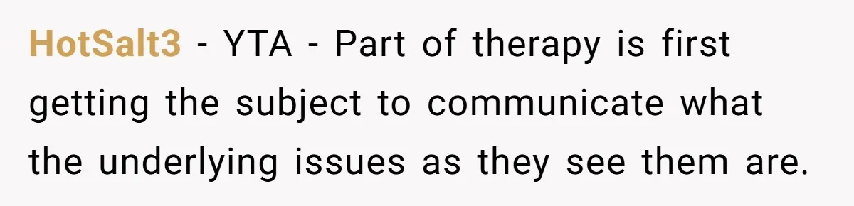 HotSalt3 − YTA - Part of therapy is first getting the subject to communicate what the underlying issues as they see them are.