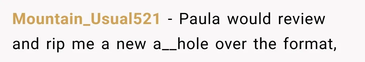 Mountain_Usual521 − Paula would review and rip me a new a__hole over the format,