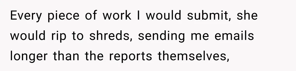 Every piece of work I would submit, she would rip to shreds, sending me emails longer than the reports themselves,