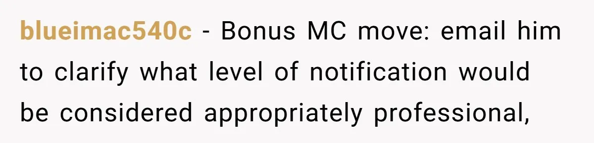 blueimac540c − Bonus MC move: email him to clarify what level of notification would be considered appropriately professional,
