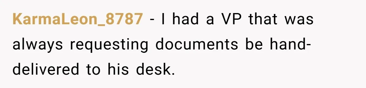 KarmaLeon_8787 − I had a VP that was always requesting documents be hand-delivered to his desk.