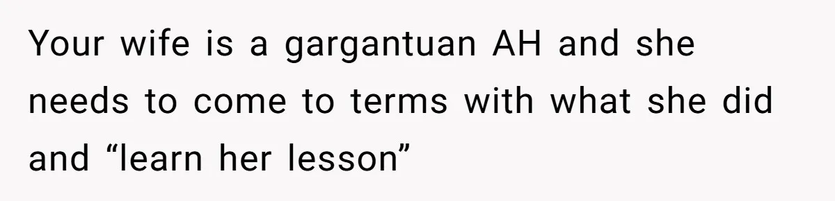 Your wife is a gargantuan AH and she needs to come to terms with what she did and “learn her lesson”