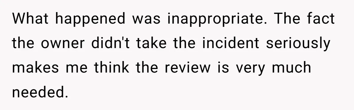 What happened was inappropriate. The fact the owner didn't take the incident seriously makes me think the review is very much needed.